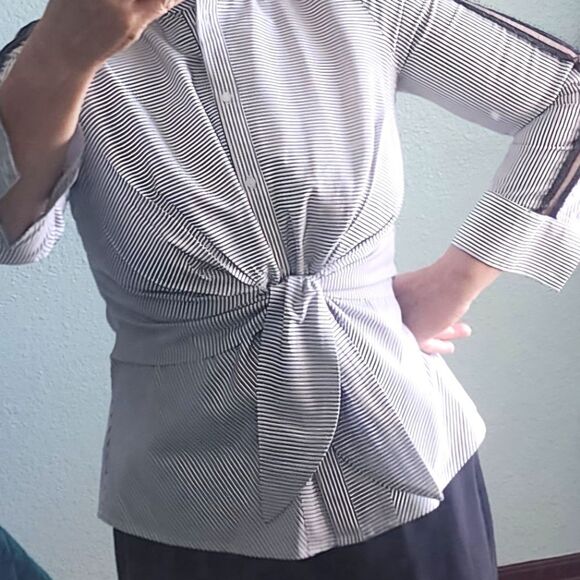 Worthington Black and White Asymmetrical Button Down Shirt with Mandarin Collar - Picture 1 of 11